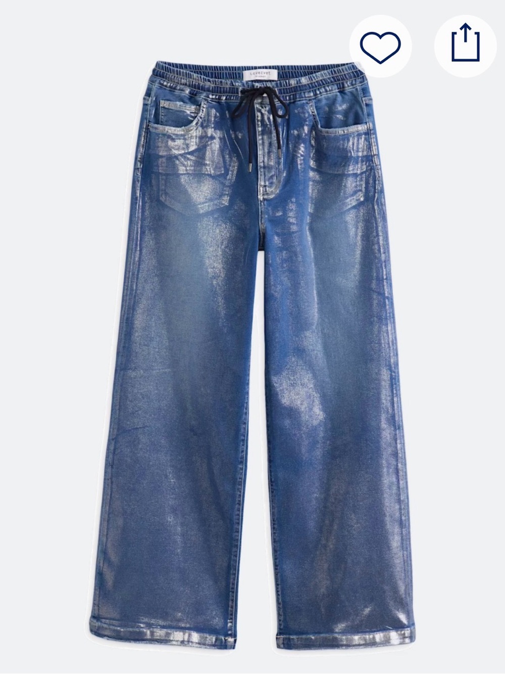 Relaxed Metallic Blue Wide-Leg Jeans with Drawstring Waist - women